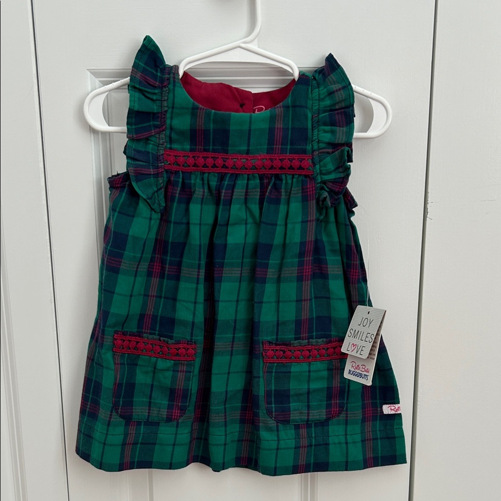 NWT Ruffle Butts Plaid Green and Red Dress with Ruffle Sleeves